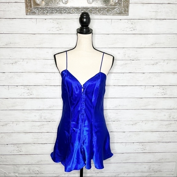 Victorias Secret Vintage Gold Label Blue Button Up Romper Slip Dress Medium - Picture 2 of 10